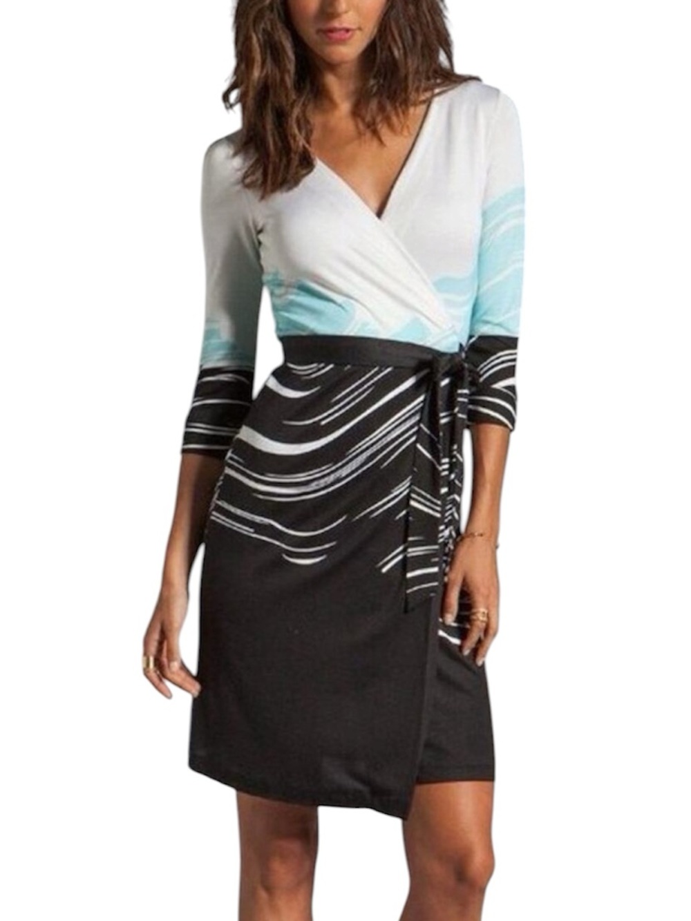 DVF Cream Black and Light Blue Silk Jersey Wrap Dress Size 2/XS MSRP $365